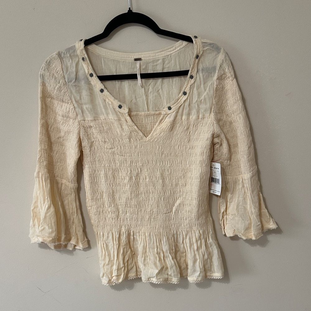 NWT Free People Sugar Magnolia smocked bell sleeve blouse in tea color BOHO